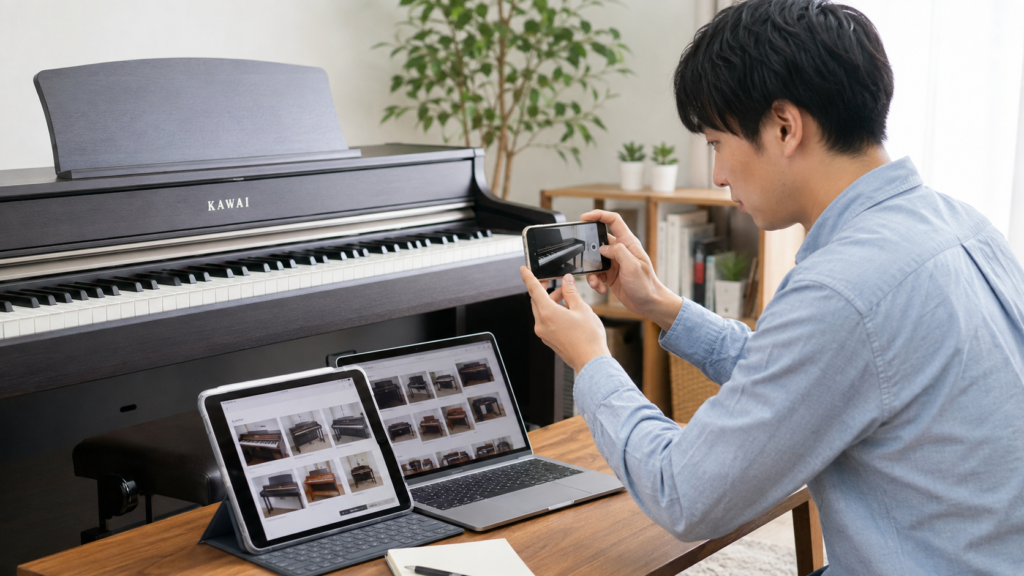 KAWAI電子ピアノを撮影して複数の買取業者を比較する男性