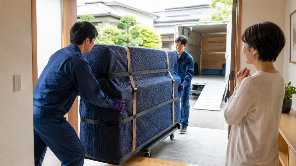 ピアノ買取後に専門スタッフが自宅から安全に搬出する様子