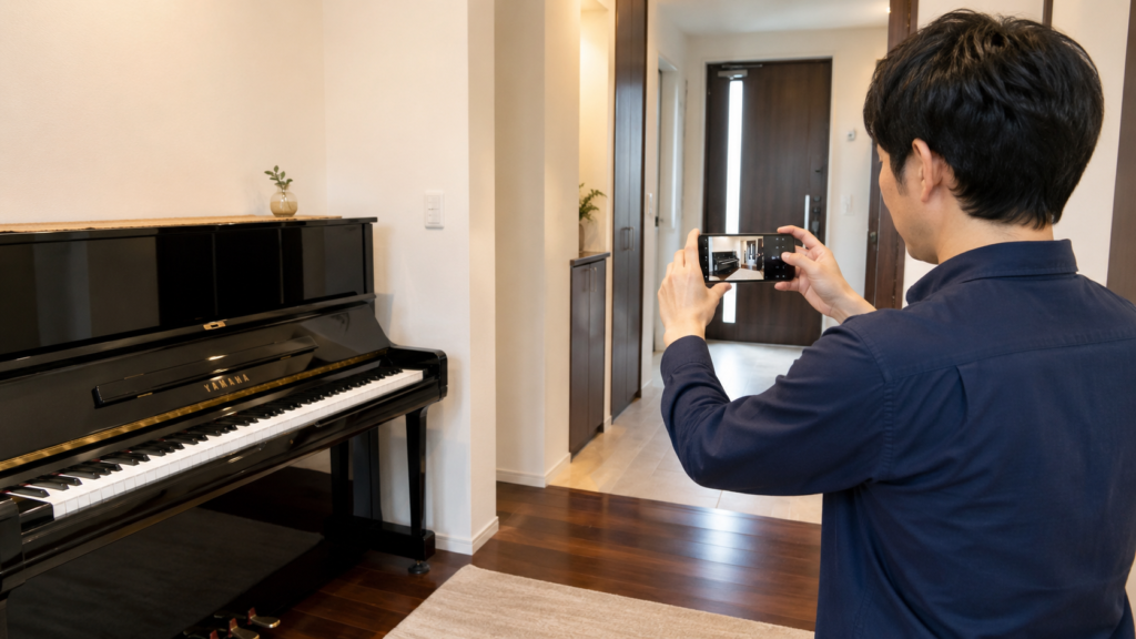 ヤマハピアノと搬出経路をスマートフォンで撮影する男性