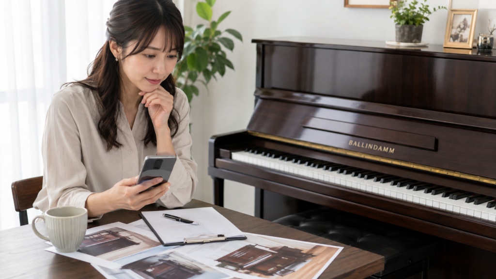 バリンダムピアノの買取査定額をスマホで比較する女性