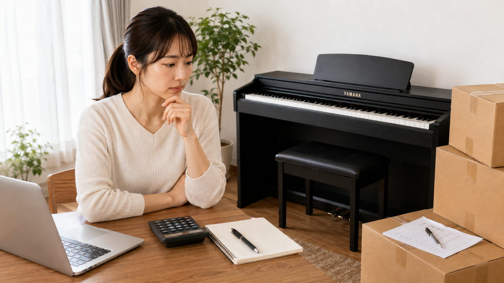 電子ピアノの回収費用や条件をパソコンと電卓で確認する女性