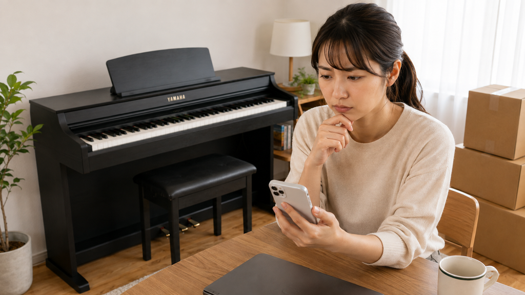 電子ピアノの回収や買取条件をスマホで確認する女性