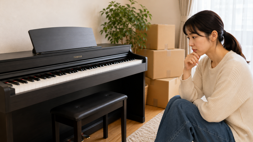 引っ越し前にヤマハ電子ピアノを売るか処分するか考える女性