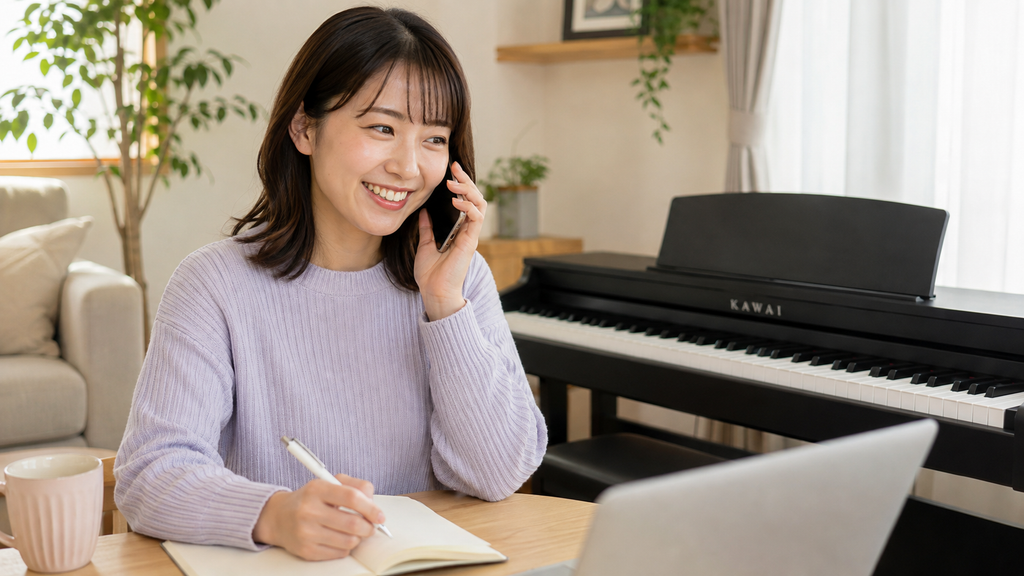 電子ピアノの買取査定内容を電話で確認しながらメモを取る女性