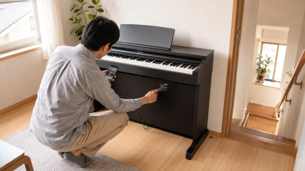2階の電子ピアノの型番を確認してスマートフォンで撮影する様子