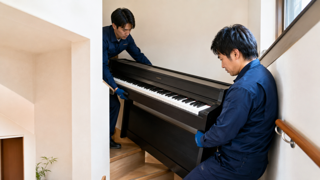 2階からYAMAHA電子ピアノを階段で慎重に搬出するスタッフ