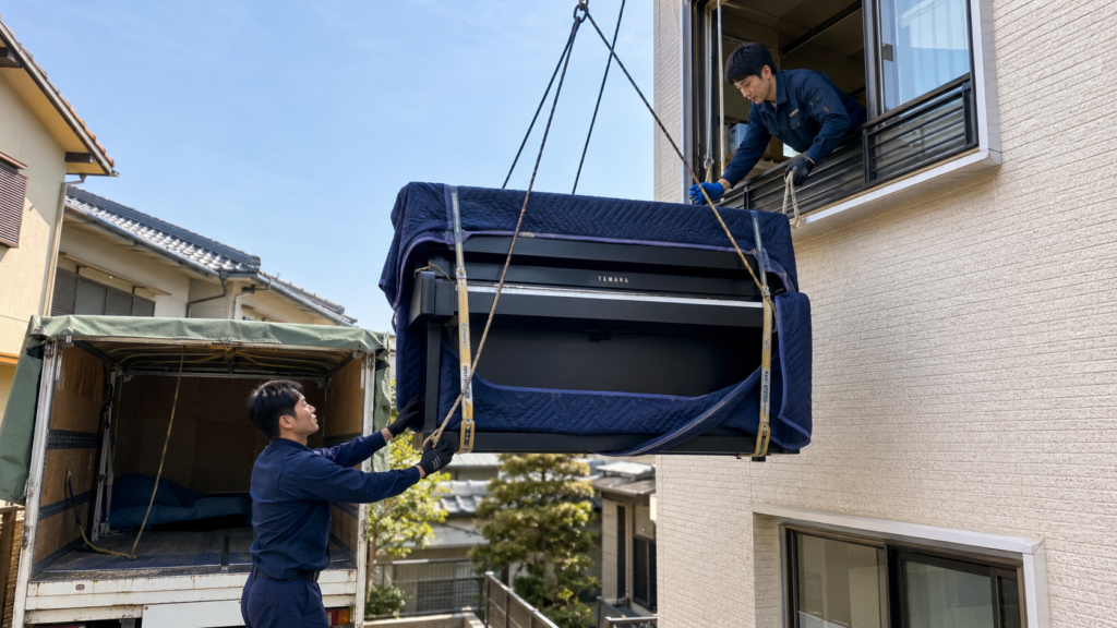 2階の窓からYAMAHA電子ピアノを吊り下げて搬出する作業