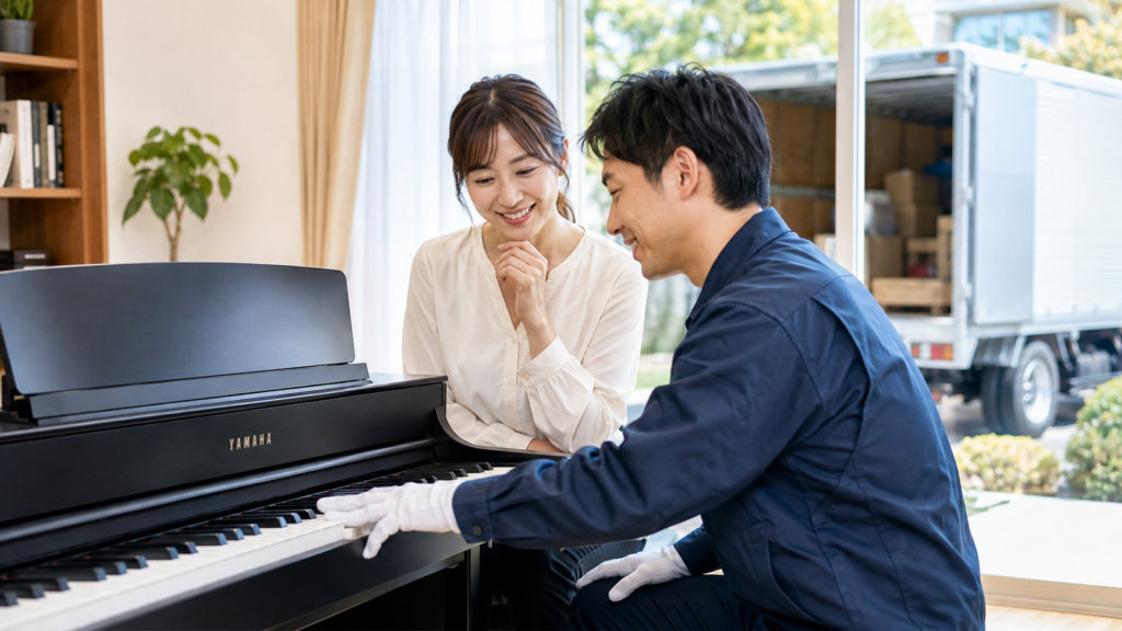 電子ピアノの状態と引き取り条件をスタッフと確認する女性