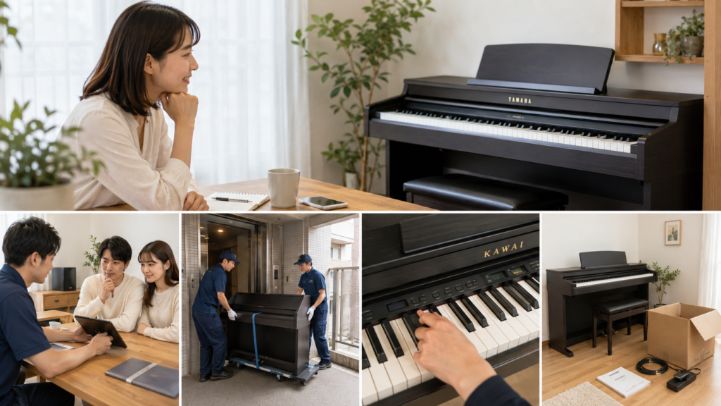 電子ピアノ買取で査定・搬出・動作確認を行う様子