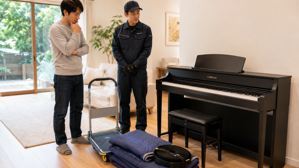 電子ピアノの運搬前に買取査定を確認する男性とスタッフ