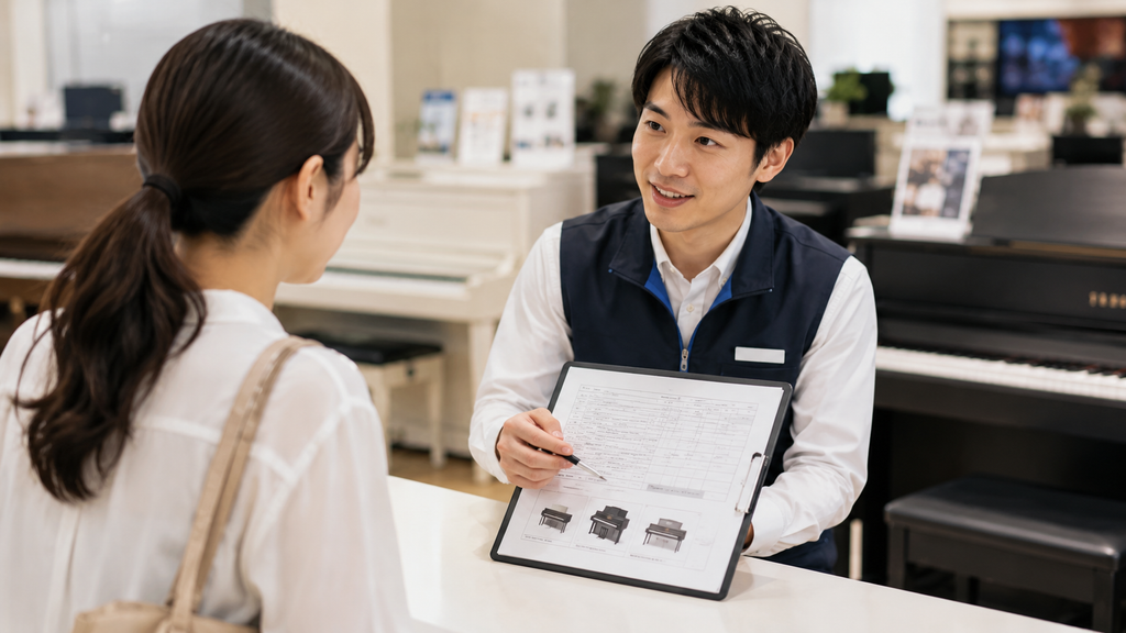 電子ピアノの引き取り条件を店舗スタッフに確認する様子