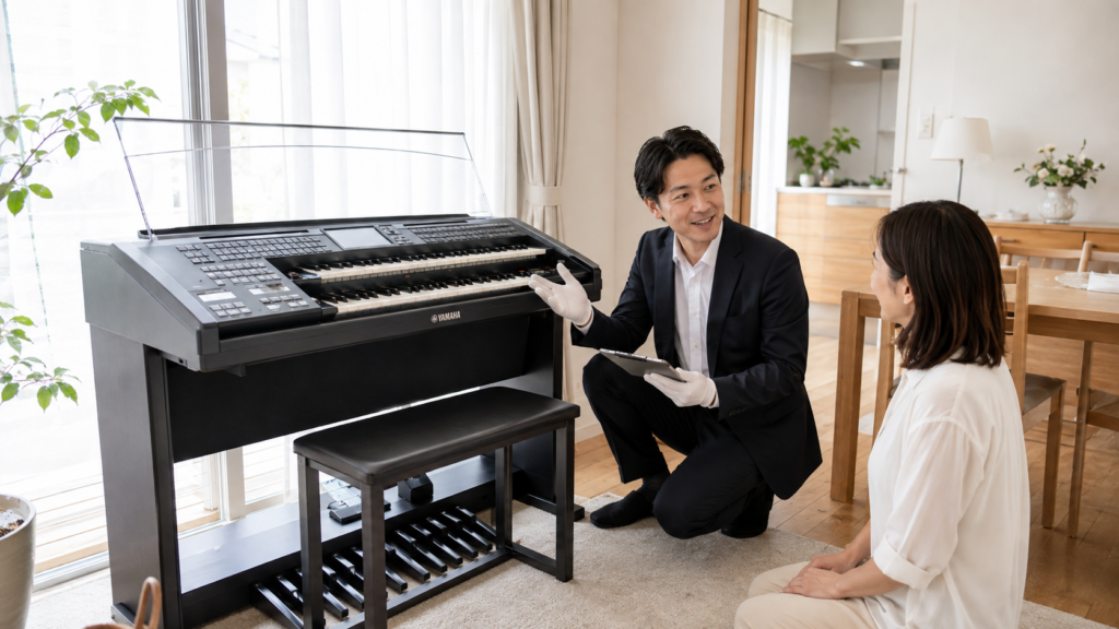 エレクトーンを買取査定する担当者と所有者の女性