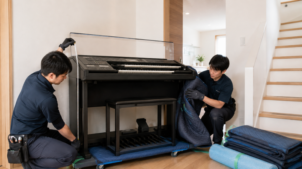 エレクトーンの搬出経路を測り養生する作業員