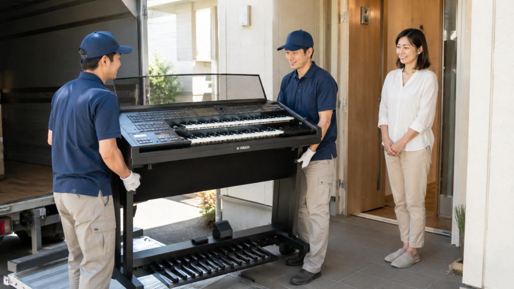 エレクトーンを住宅から搬出して引き取る作業員