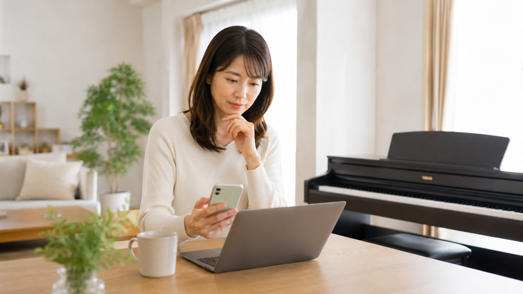電子ピアノの査定条件を比較して売却を検討する女性