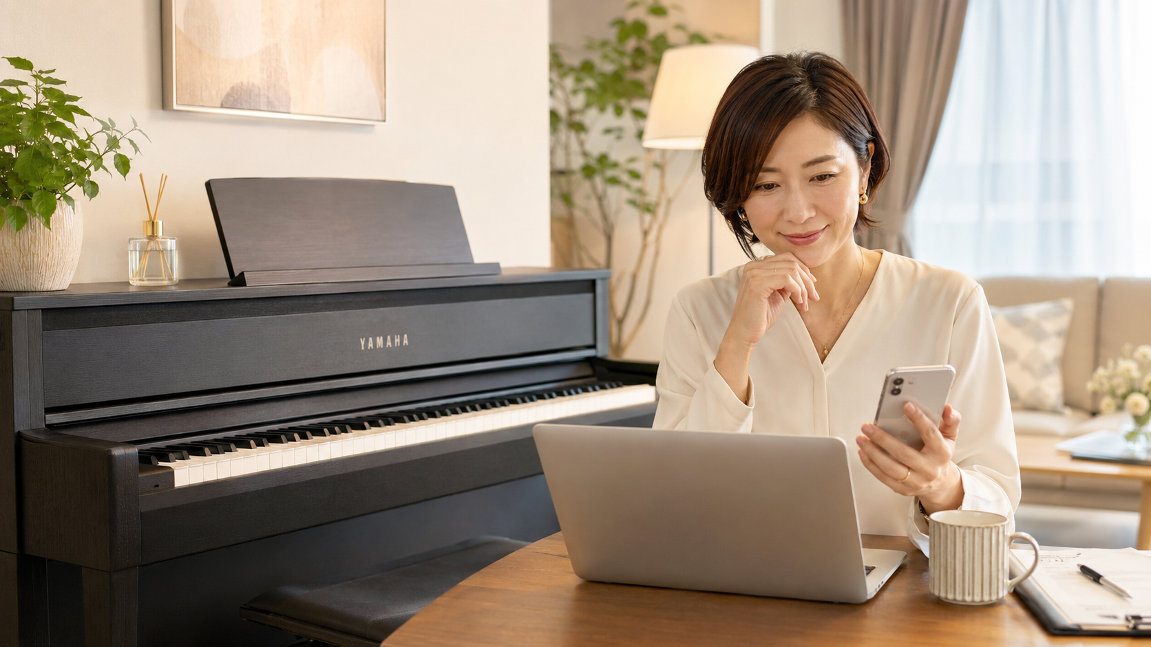 YAMAHA電子ピアノの一括査定をパソコンとスマホで比較する女性