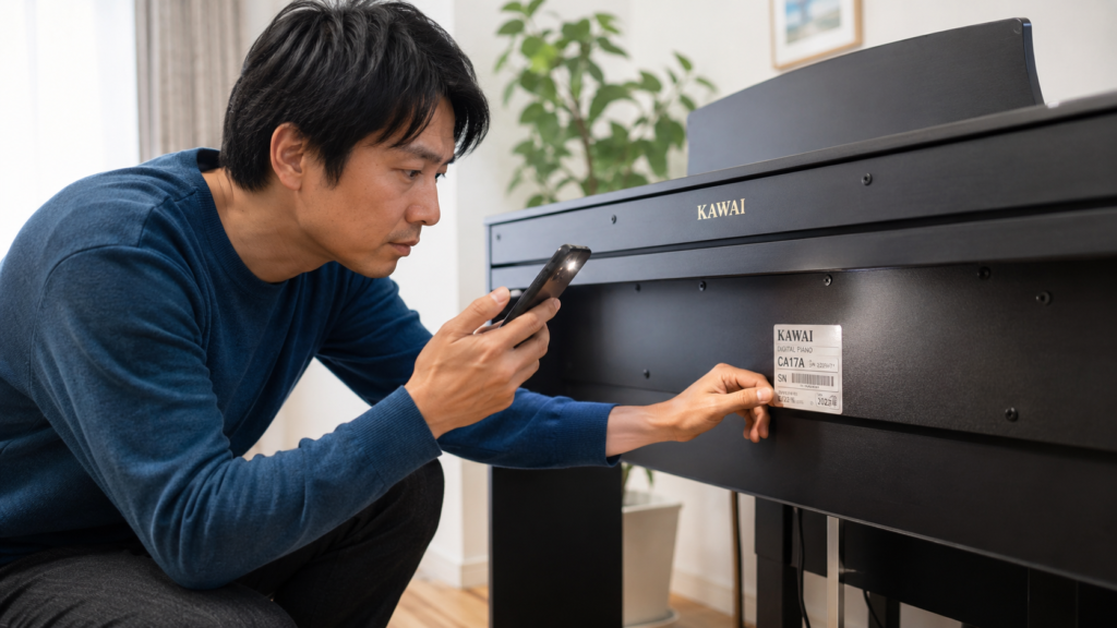電子ピアノの型番と製造年を確認する男性