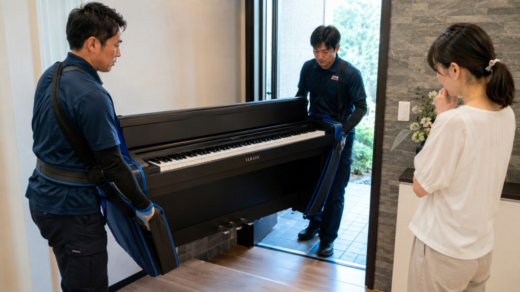 専門スタッフが電子ピアノを安全に搬出する様子