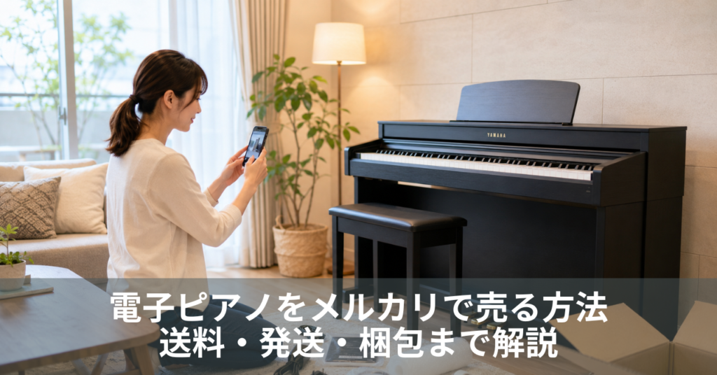 メルカリ出品のため電子ピアノを撮影する女性