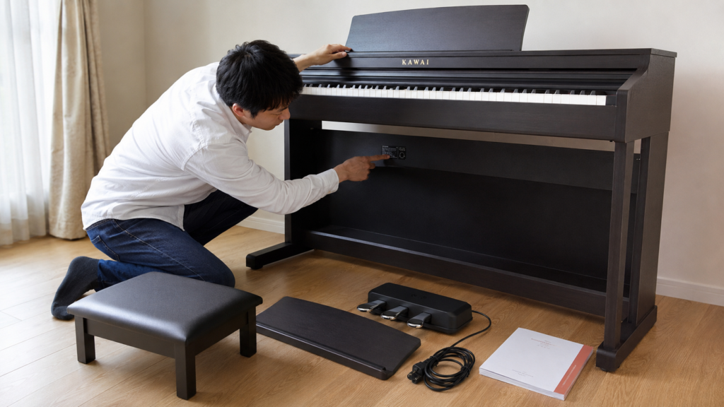 電子ピアノの型番と付属品を確認する男性