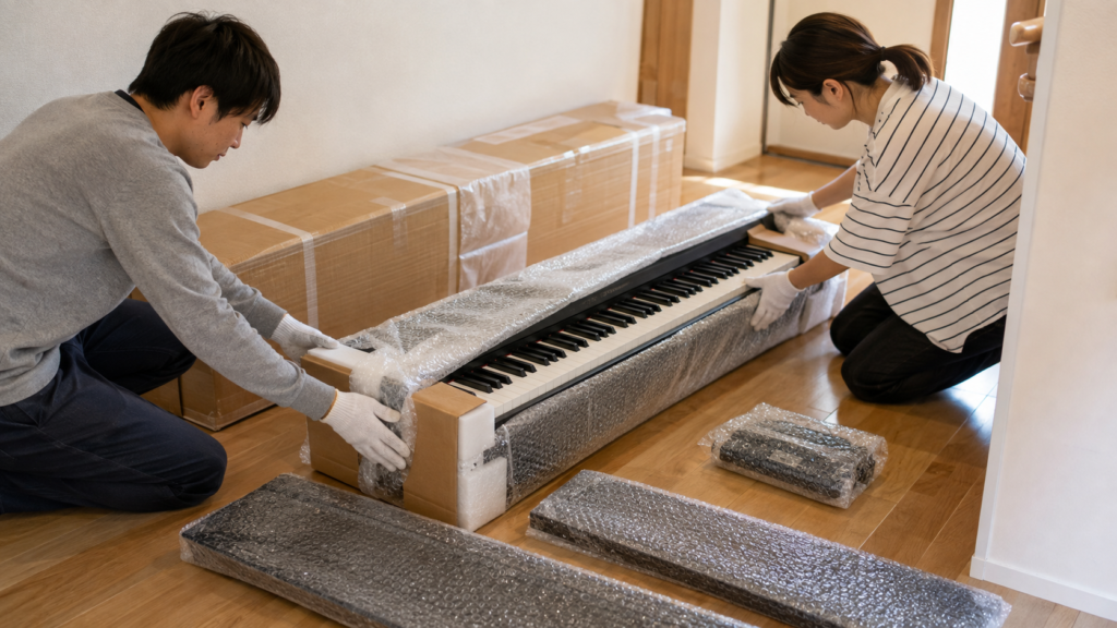 電子ピアノを緩衝材で安全に梱包する様子