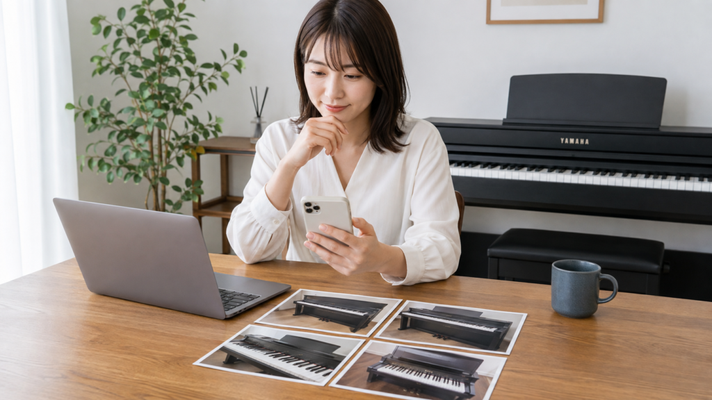 YAMAHA電子ピアノの複数査定をパソコンで比較する女性