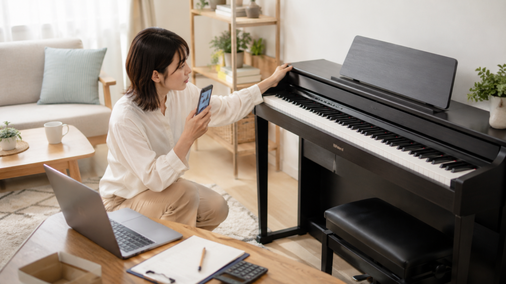 Roland電子ピアノを査定前に確認する女性