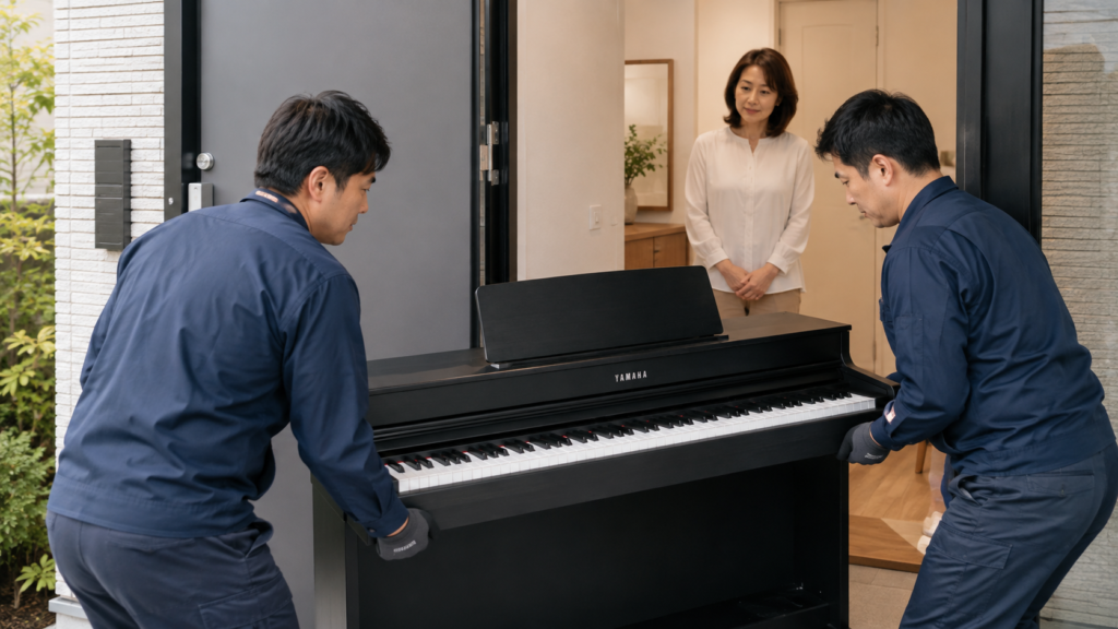 YAMAHA電子ピアノを自宅から搬出する作業員