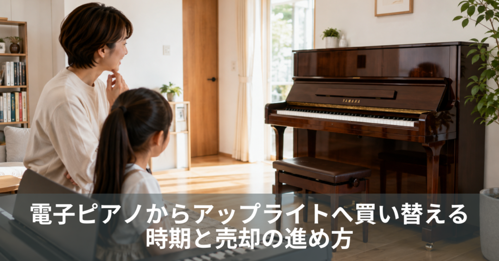 電子ピアノからアップライトピアノへの買い替えを検討する親子