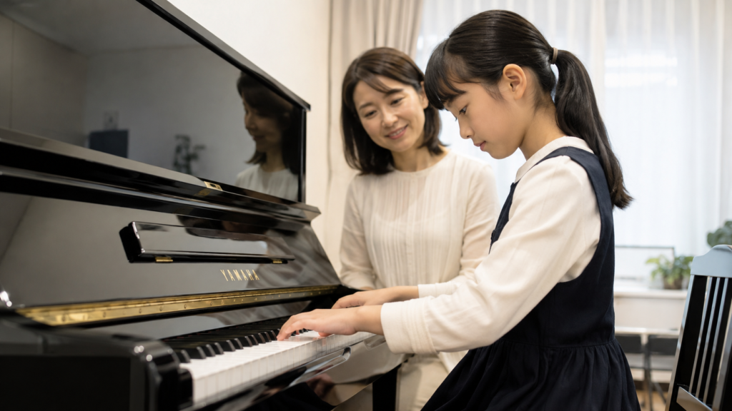 アップライトピアノのタッチを確かめながら演奏する子ども