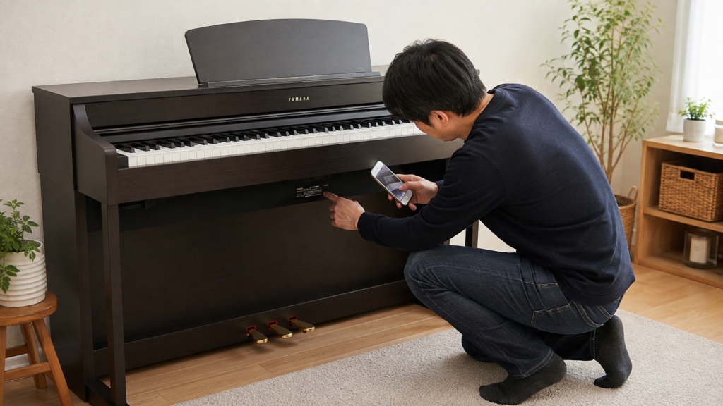 電子ピアノの型番を確認して査定用の写真を撮影する男性