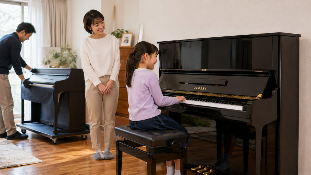 電子ピアノを手放して新しいアップライトピアノを弾く子ども