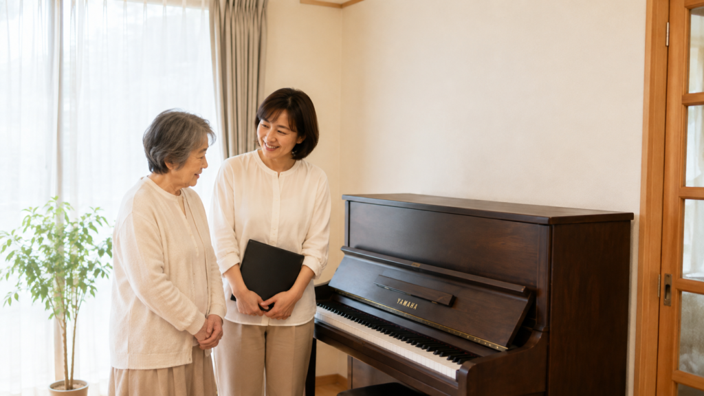 実家のYAMAHAピアノを処分前に家族で確認する母娘