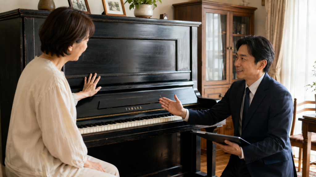 古いYAMAHAピアノの買取査定を相談する様子