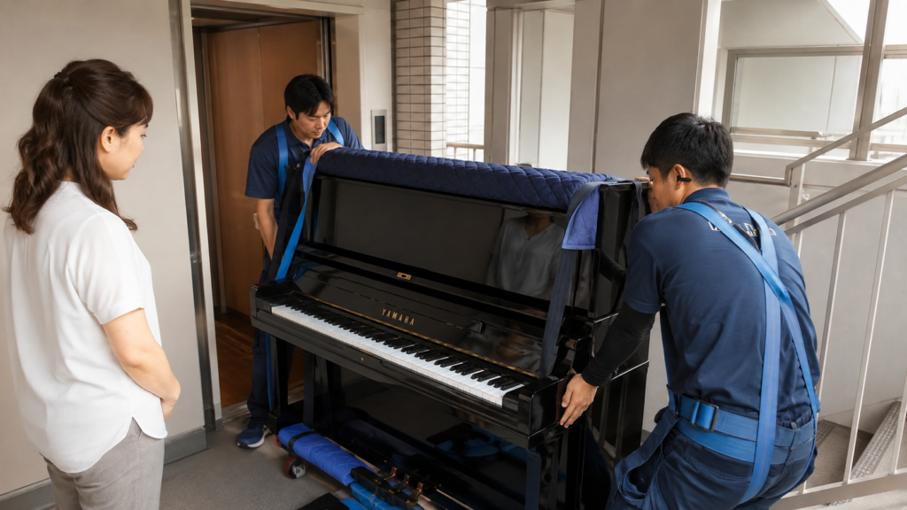 マンションからYAMAHAピアノを専門スタッフが搬出する様子