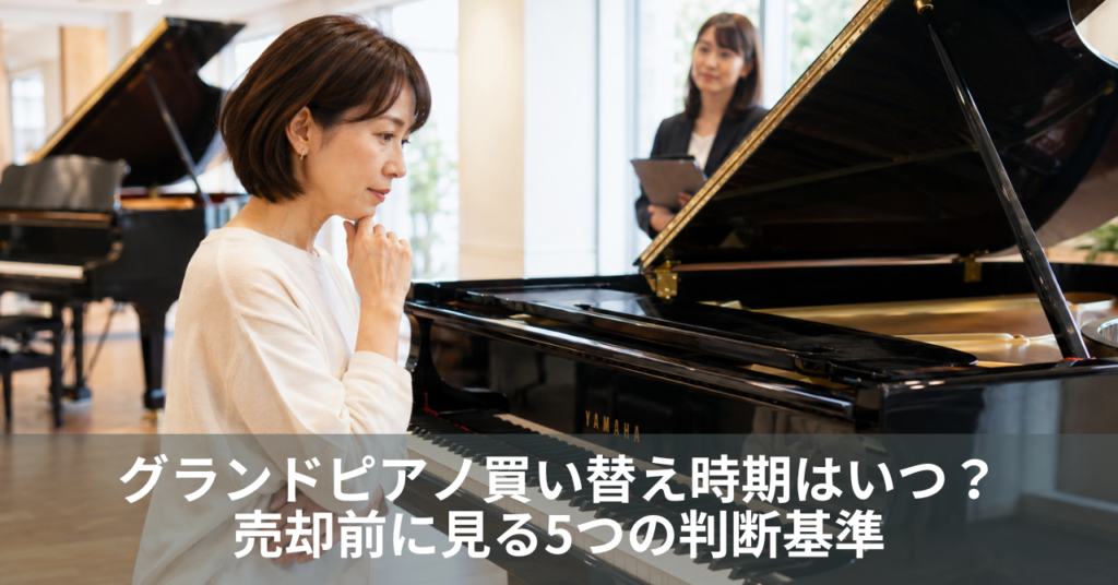 グランドピアノの買い替え時期を検討する女性とYAMAHAのグランドピアノ