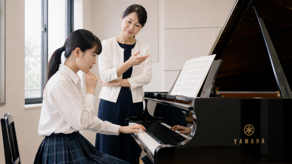 演奏レベルに合うグランドピアノを先生と確認するピアノレッスン