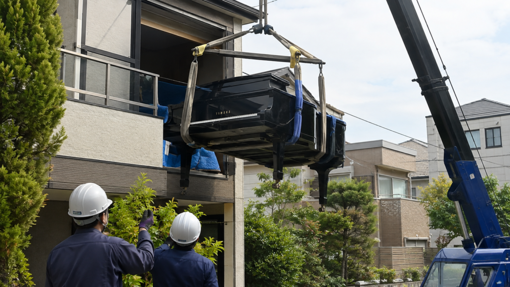2階のグランドピアノをクレーンで搬出する専門業者の作業風景