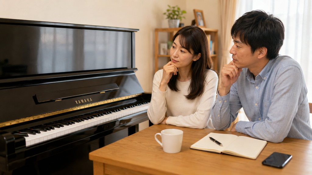広島で古いピアノの買取や売却を家族で検討する様子