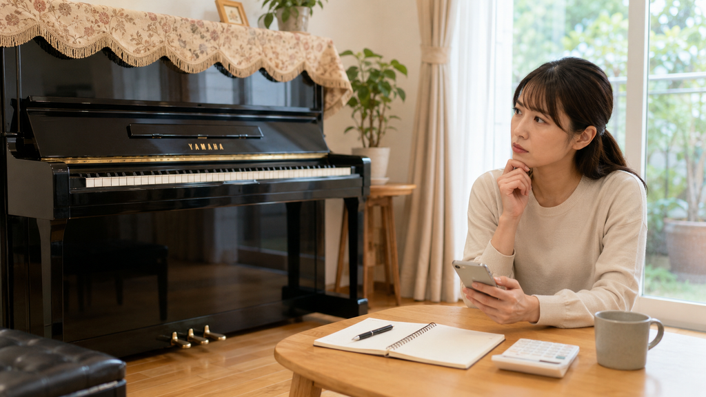 広島でピアノ買取の査定額や搬出条件を比較する女性