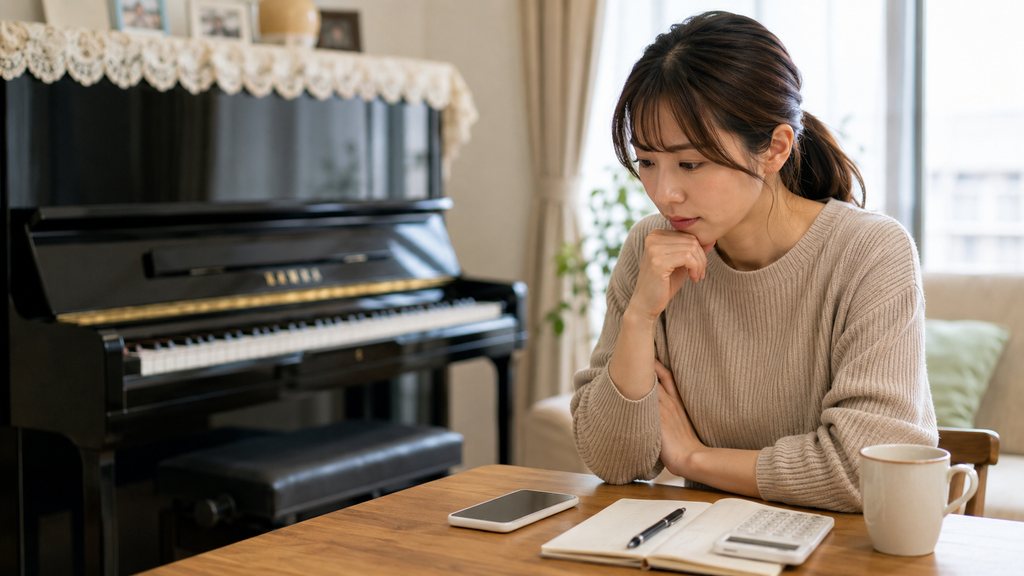 北海道でピアノ買取の査定額と搬出条件をスマートフォンで比較する女性