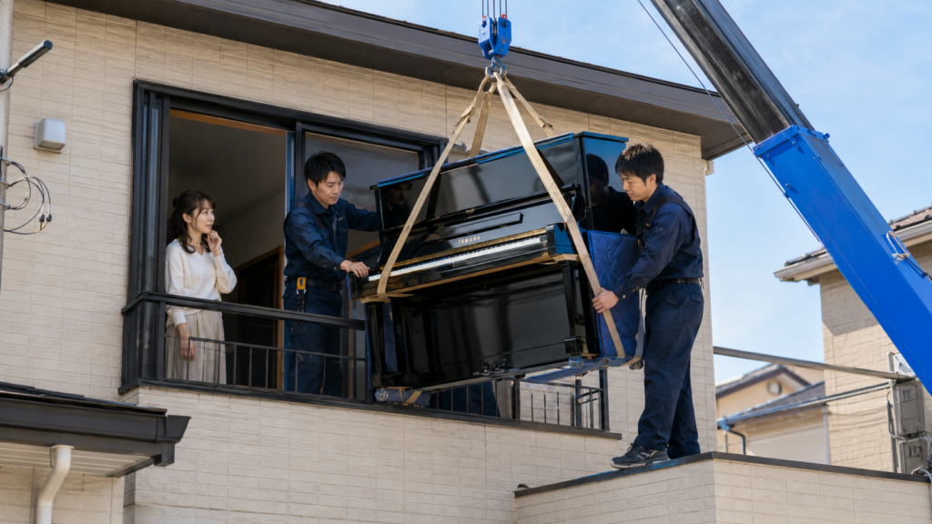 2階の住宅からYAMAHAピアノをクレーンで搬出する専門業者