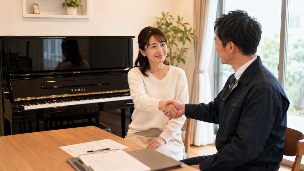 ピアノの査定額と搬出条件を確認して買取業者を決める女性