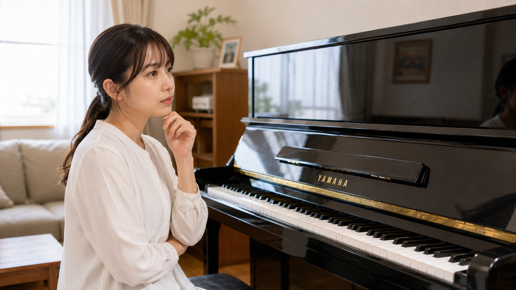 鹿児島でYAMAHAアップライトピアノの買取業者を検討する女性