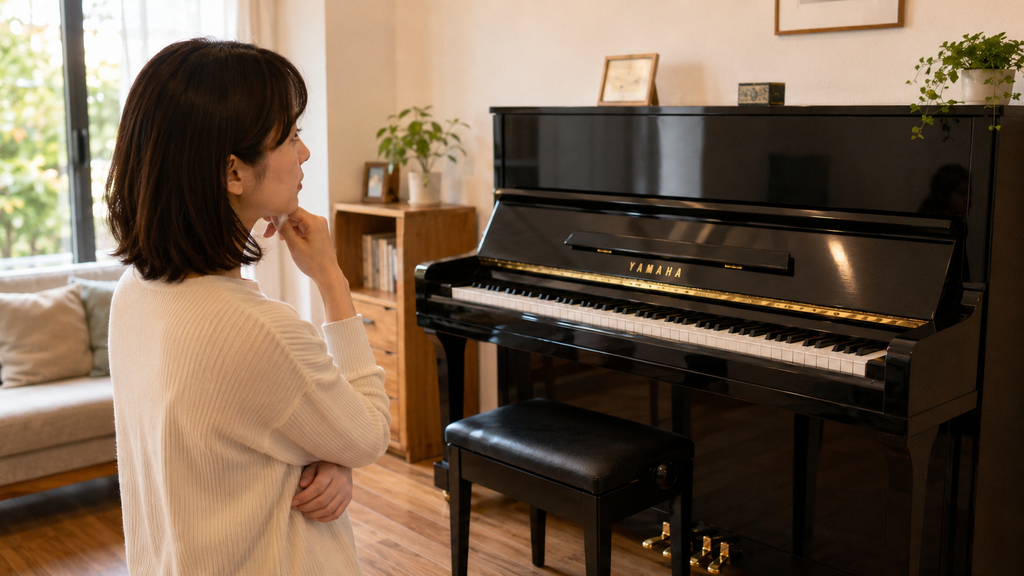鹿児島でYAMAHAピアノの買取価格や査定額を検討する女性