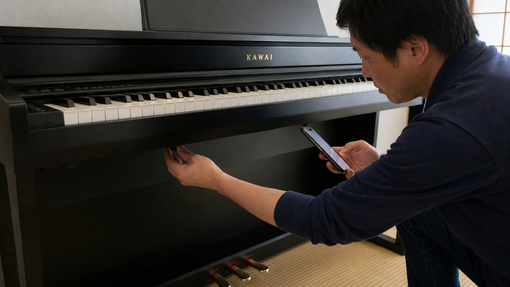 カワイ電子ピアノの型番や状態を査定前に確認する様子