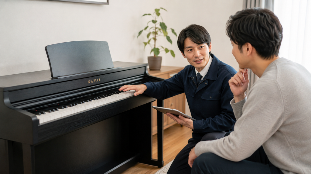 カワイ電子ピアノを買取査定してもらい売却条件を確認する様子