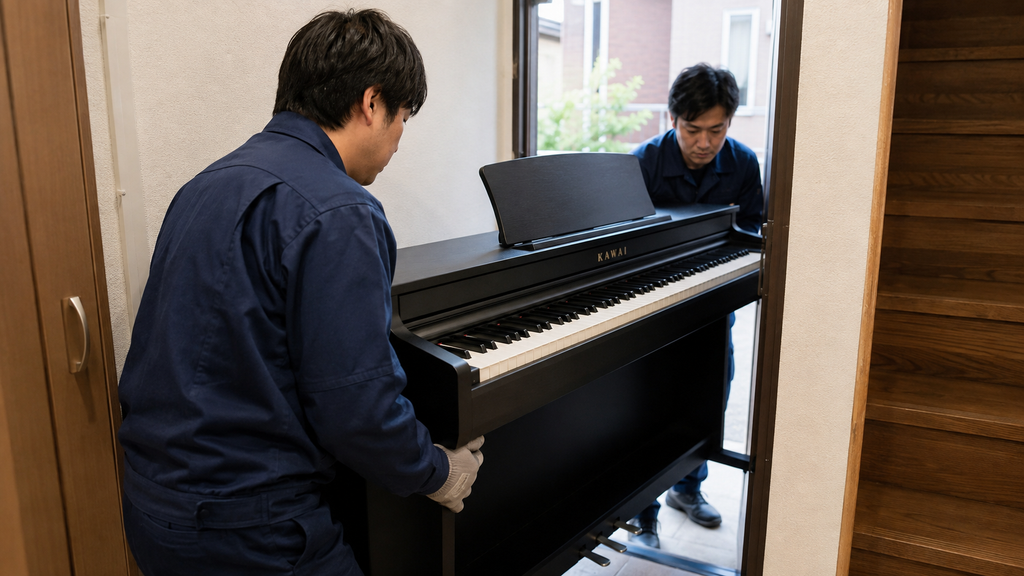 狭い玄関からカワイ電子ピアノを搬出する作業員