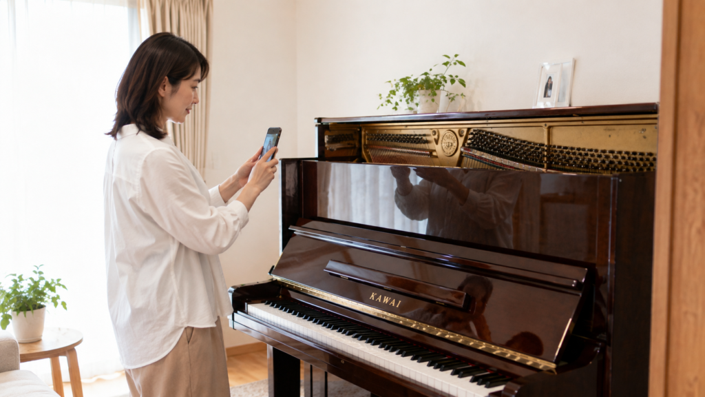 KAWAIピアノの型番や状態を査定前にスマホで確認する女性