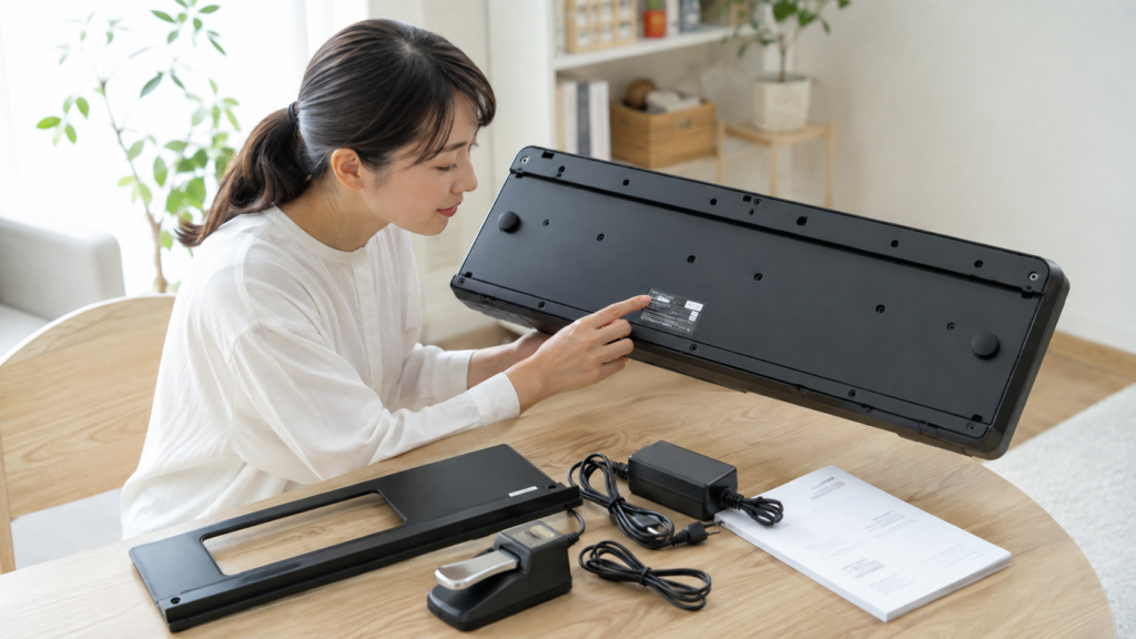 電子ピアノの型番と付属品を確認する女性